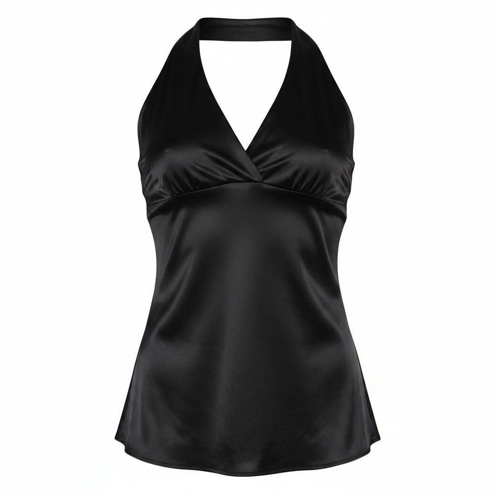 Express Black Silk Blend Halter Top V-Neck Satin Blouse XS RN
